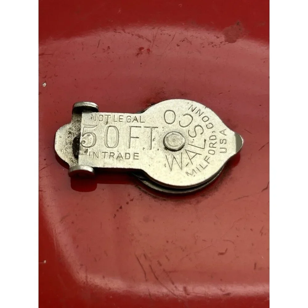 Vintage Red Walsco 50 Ft. Cloth Measuring Tape Milford CT USA Winding Mechanism - Picture 4 of 7